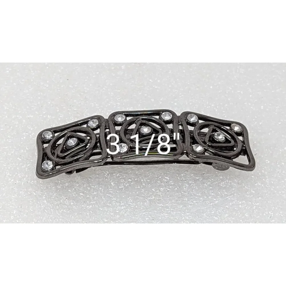 Vintage Metal Hair Clip With White Rhinestones 3 1/8